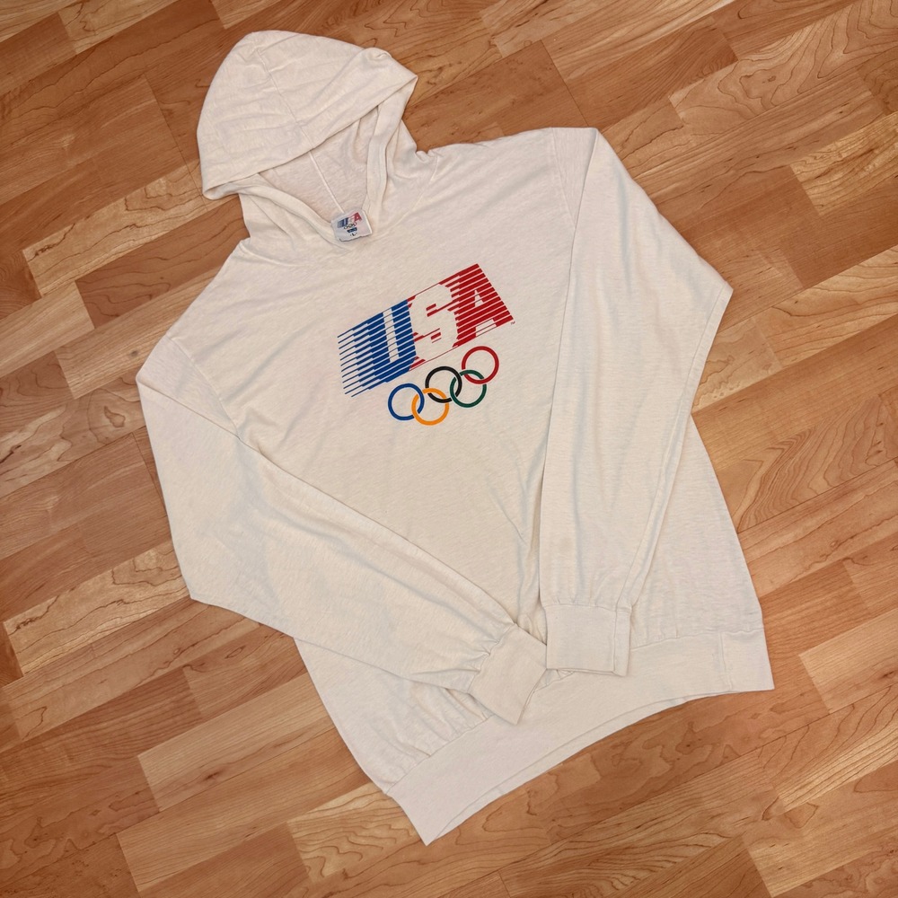 Vintage Levis USA Olympic Hoodie Off White Graphic Sweatshirt Mens Large 80s